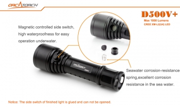 OrcaTorch D500V+ (XM-L2 U4) Мощный фонарь для подводной фото видео съемки и
технического дайвинга с регулировкой яркости